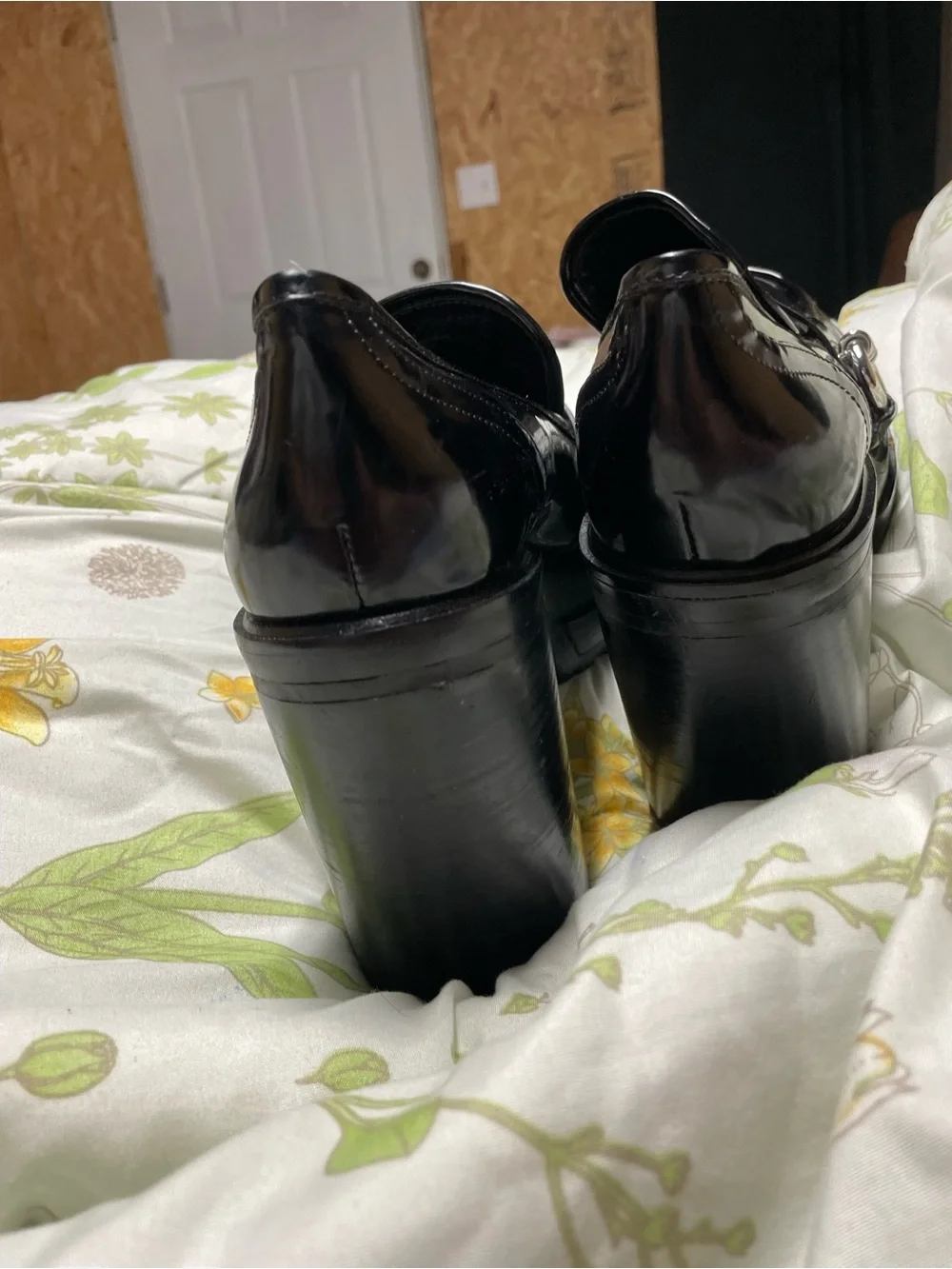 Gianni Bini Black Patent Platform Block Heel Loafers with Silver Ring